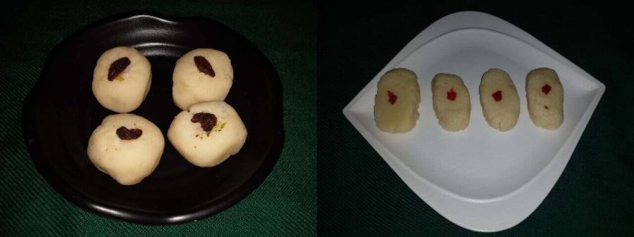  ti
Final product prepared by using  Doodh Peda Recipe with Khoya  (left) and Milk Peda Recipe using Milk (Right).