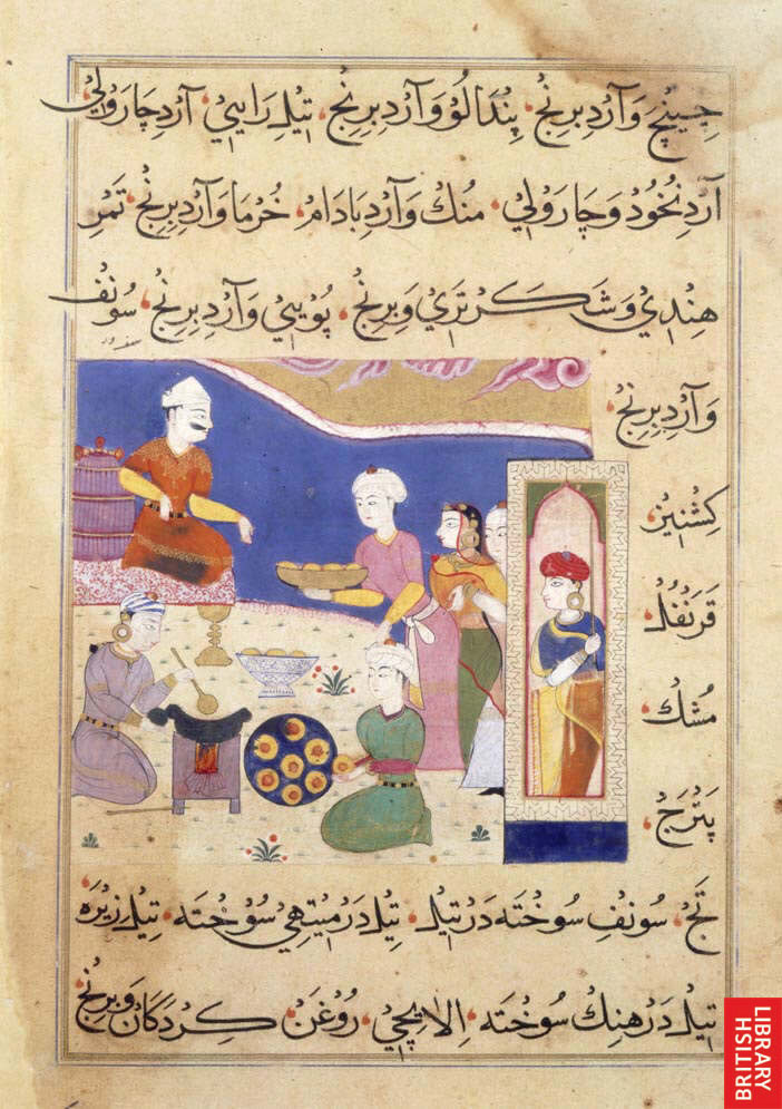  ti
Medieval Indian Manuscript Nimmatnama-i-Nasiruddin-Shahi showing samosas being served.