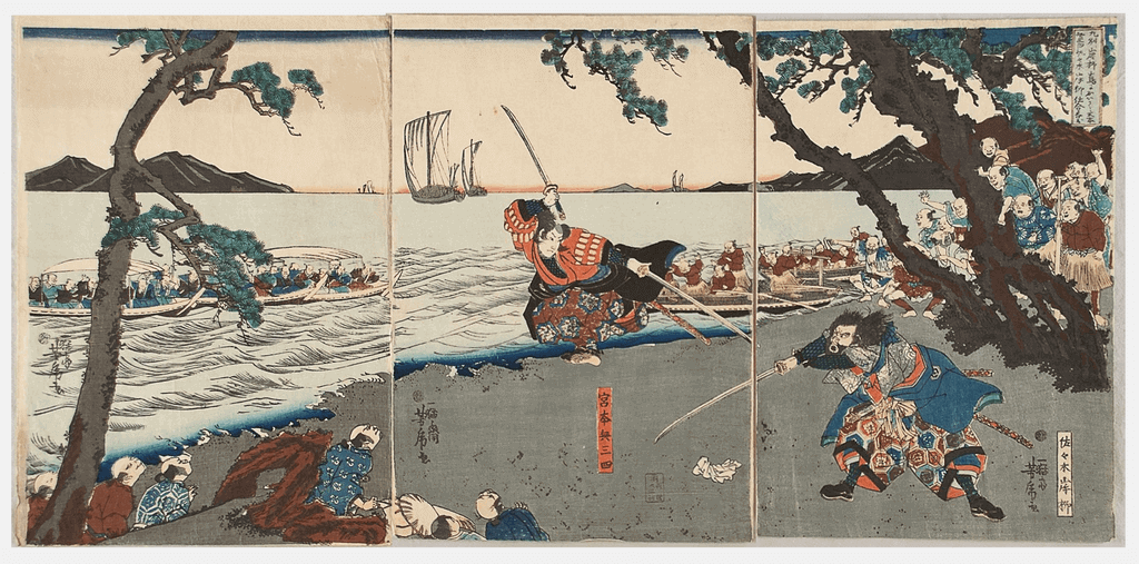 Sasaki Kojiro (right) engages Miyamoto Musashi on the shore of Ganryūjima Island.