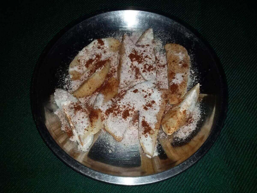 Flour mixture spread on potatato pieces as described in Recipe for Chilli Potato.