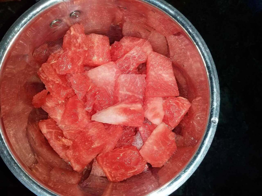 Cut Watermelon pieces put in mixer as described in Watermelon Juice Recipe preparation.