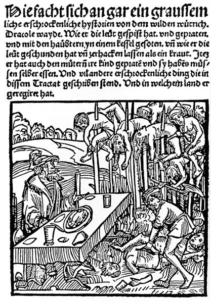 Pamphlet published in 1499, depicting Vlad dining among the impaled corpses of his victims.