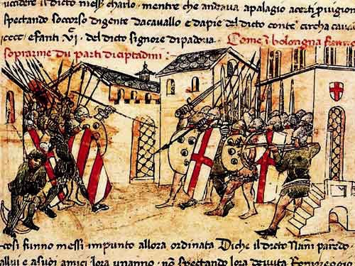 Depiction of a 14th century fight between the militias of the Guelf and Ghibelline factions in the Italian commune of Bologna.