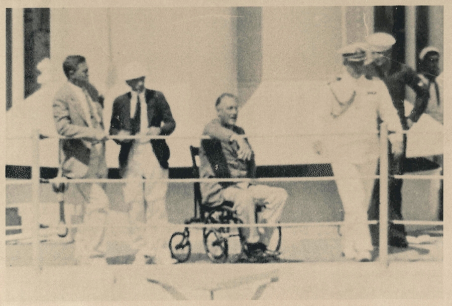 Franklin D. Roosevelt in his wheelchair aboard the USS Indianapolis, July 1-3, 1933