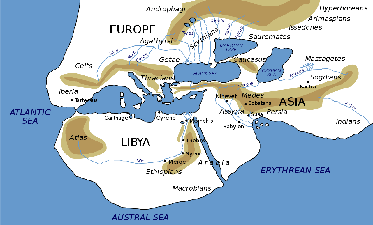 Reconstruction of the Oikoumene (inhabited world), ancient map based on Herodotus, c. 450 BC.