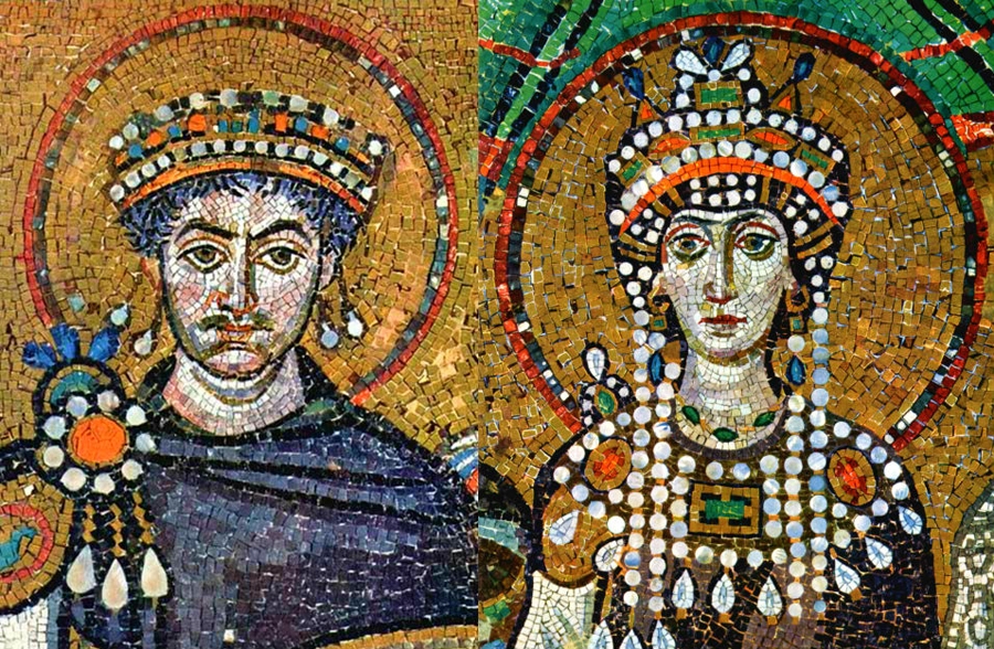 Mosaics from a church in Ravenna, Italy - Justinian on one wall faces Theodora on opposite