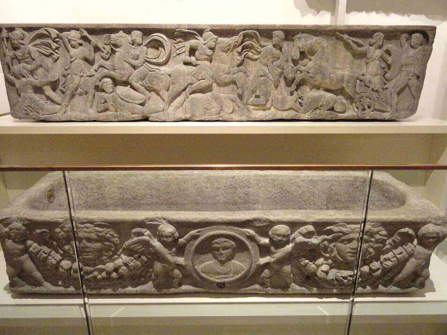 Sarcophagi - (above) Greeks fighting Amazons, c. 150 AD, (below) Putti with Garlands and Medusa masks, c. 225 AD.