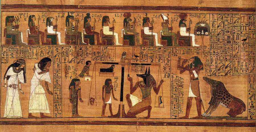 Book of the Dead written on papyrus showing the Weighing of the Heart in the Duat using the feather of Maat as the measure in balance.