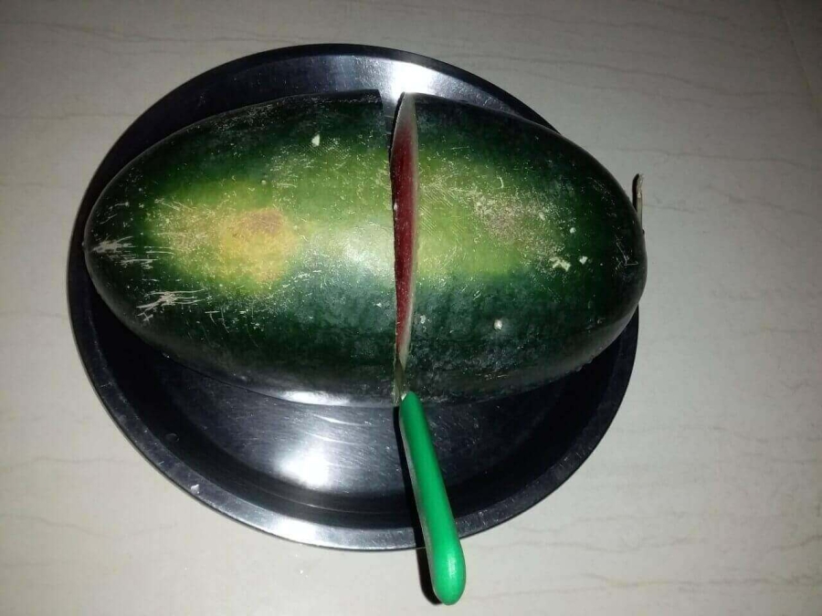 Watermelon being cut as described in Recipe of Watermelon Juice preparation.