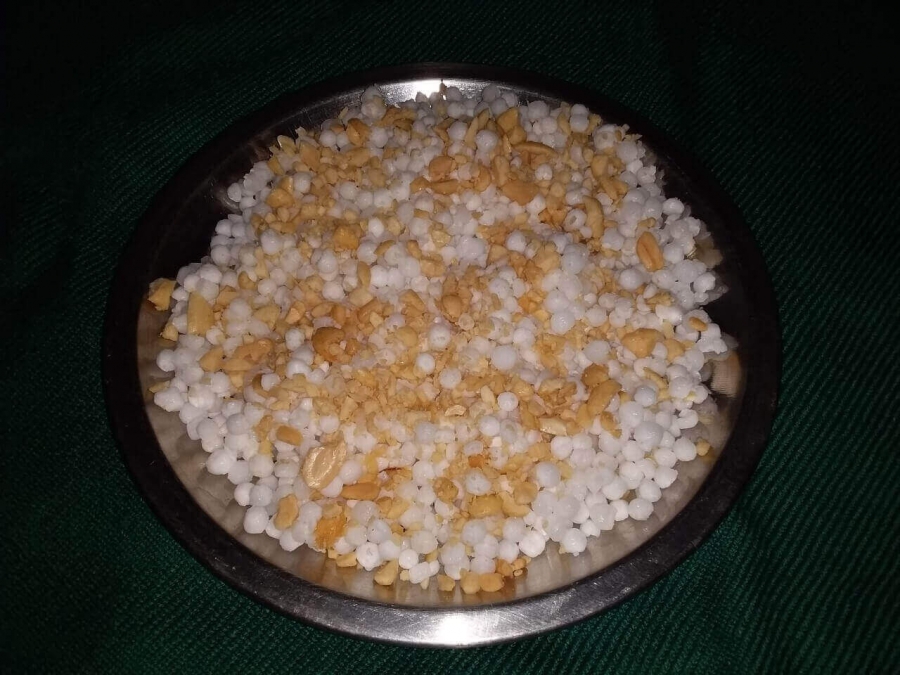 Soaked Sabudana mixed with crushed peanuts as described in Sabudana Khichdi Recipe.