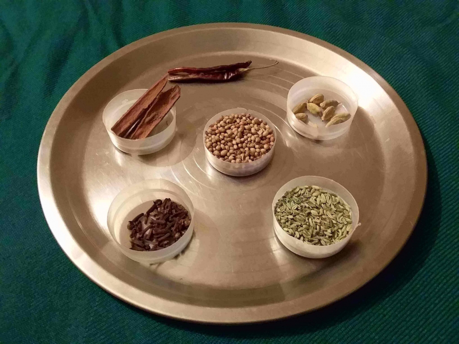 Ingredients for masala (condiments) preparation in Kadai Paneer Recipe.