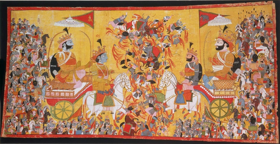 The painting depicts the battle of Kurukshetra of the Mahabharata epic.