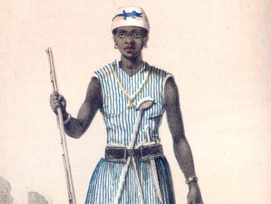 Seh-Dong-Hong-Beh, leader of the Dahomey Amazons, drawn by Frederick Forbes in 1851.