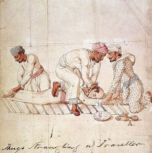Painting showing a group of Thugs, strangling a traveller on a highway in India.