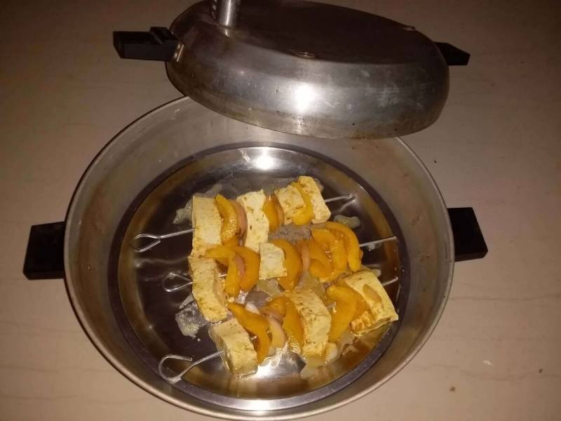 Image showing how to make Paneer Tikka in oven.
