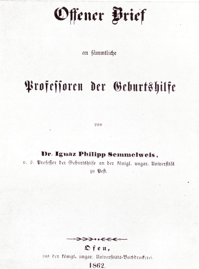Front page of Semmelweis' Open Letter to all professors of obstetrics 1862.