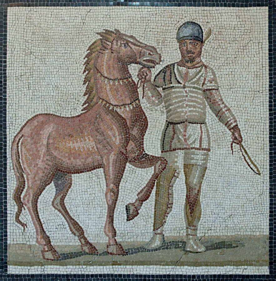 Pavement mosaic with a circus charioteer of the albata (white) faction. Roman artwork, first half of the 3rd century CE. From the Villa dei Severi.
