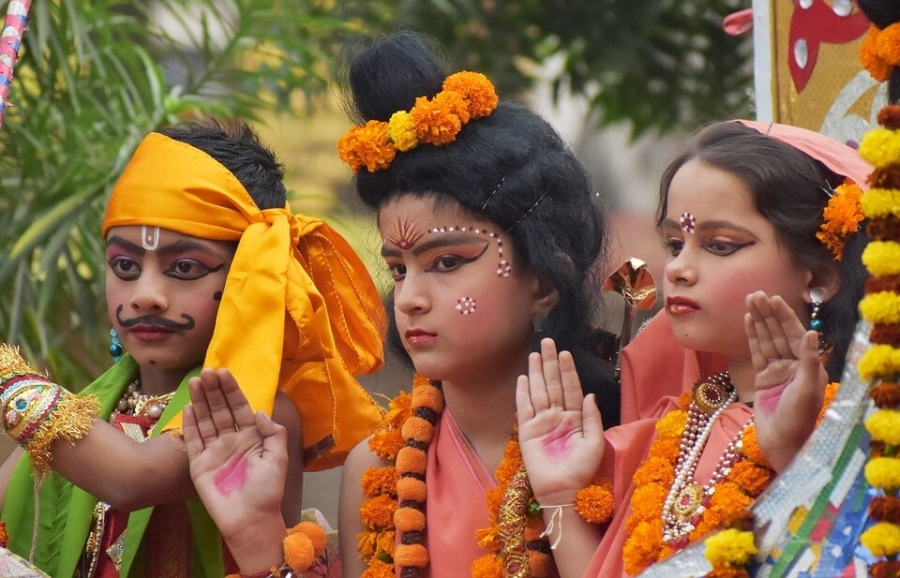 Diwali marks the homecoming of Lord Rama after 14 years of exile (Children re-enacting the event in a play).