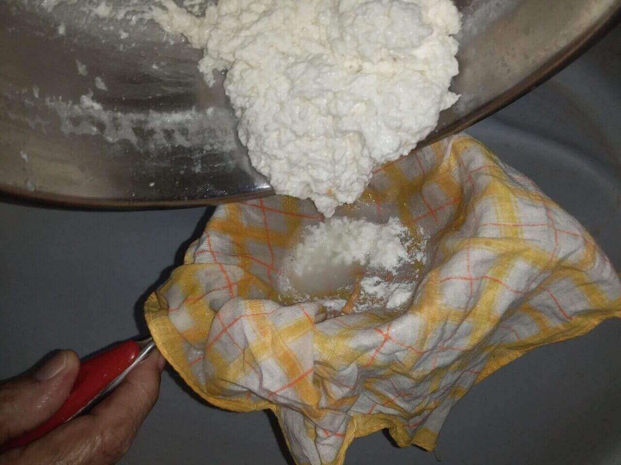 Collecting the Chenna over a clean cloth on a sieve as described in Chenna Poda Recipe.