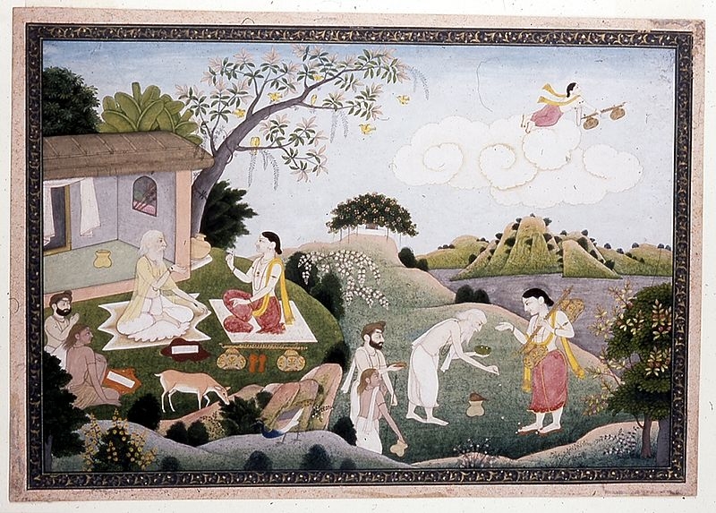 A painting depicting Narada visiting  Valmiki