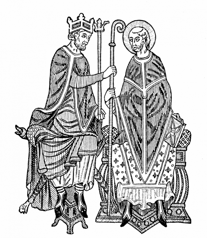 A medieval king investing a bishop with the symbols of office.