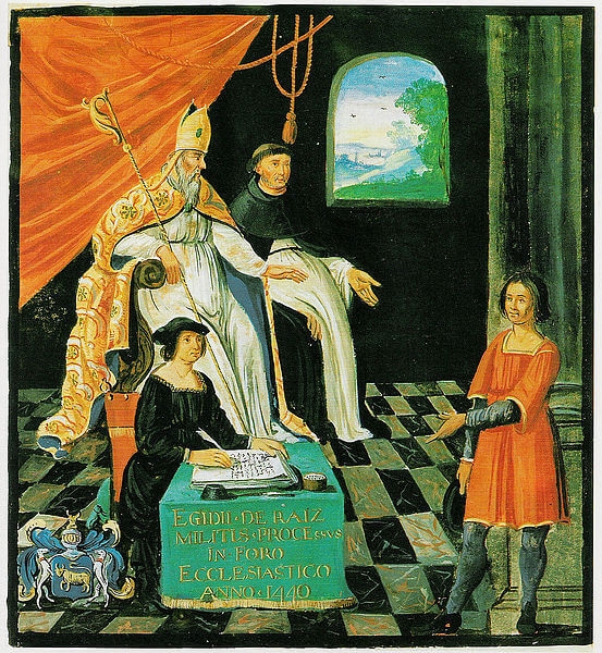 Painting showing  the trial of Gilles de Rais