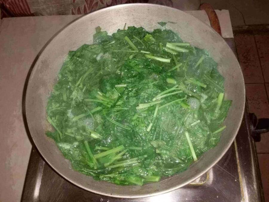 Sag mixture being boiled for blanching process in Recipe for Sarson Ka Saag.
