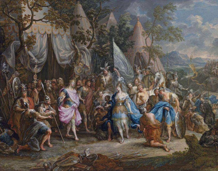 The Amazon Queen, Thalestris, in the camp of Alexander the Great, by Johann Georg Platzer.