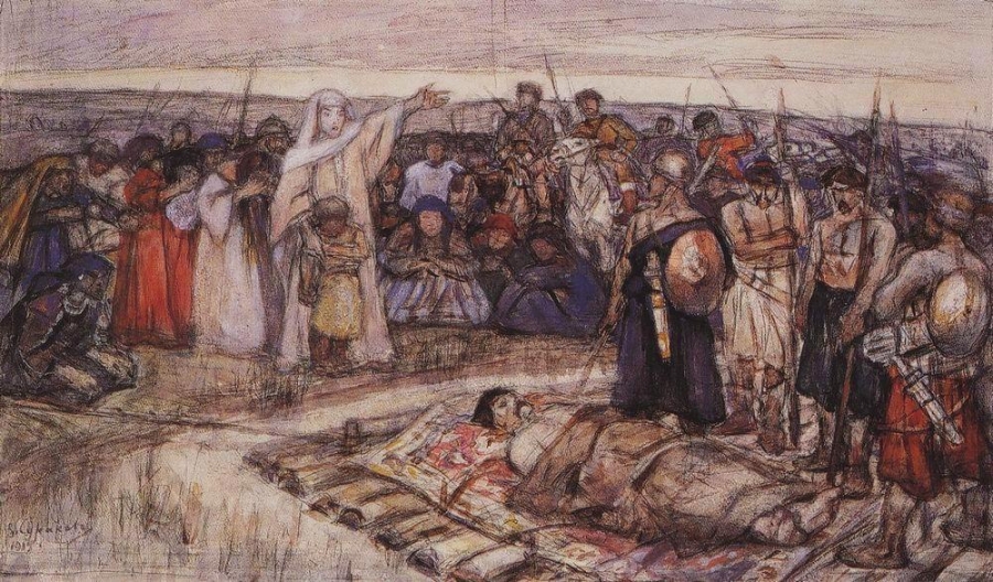 Queen Olga views the body of her husband. A sketch by Vasily Surikov.