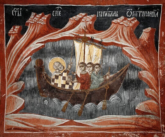 Saint Nicholas calming the storm and saving the sailors.