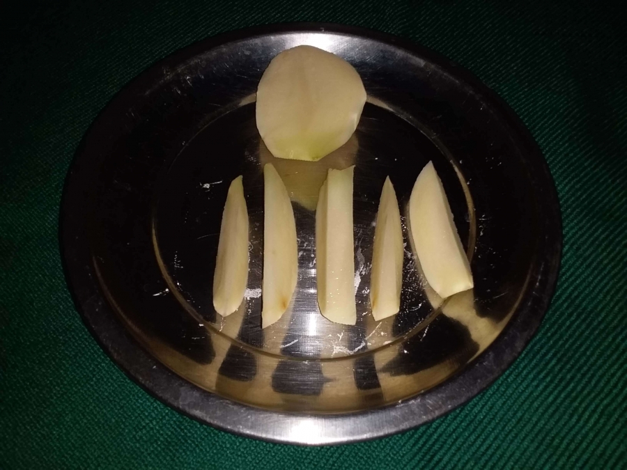 The way the potato pieces are cut in Chilli Potato Recipe.