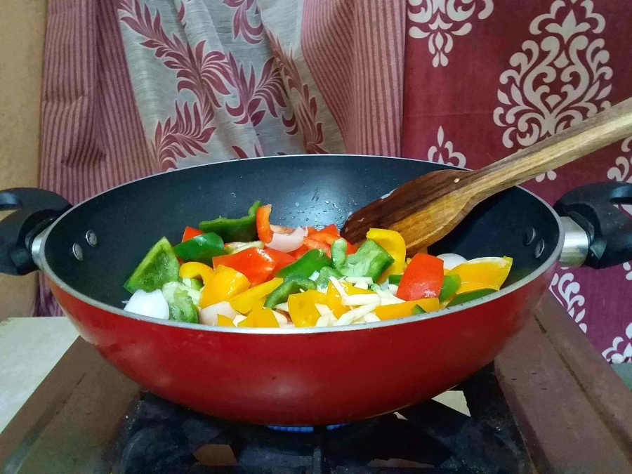 The preparation of Chilli Paneer Dry Variety.
