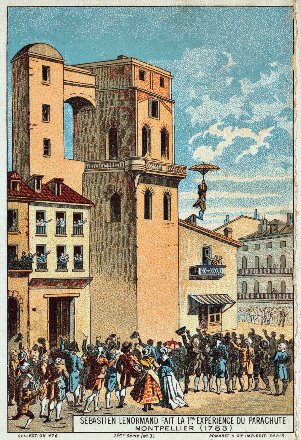 Louis-Sébastien Lenormand jumps from the tower of the Montpellier observatory, 1783.