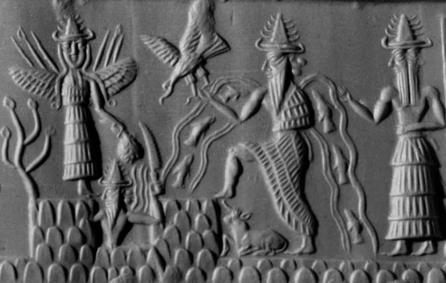 Akkadian cylinder seal from sometime around 2300 BC or thereabouts depicting the deities Inanna, Utu, Enki, and Isimud.