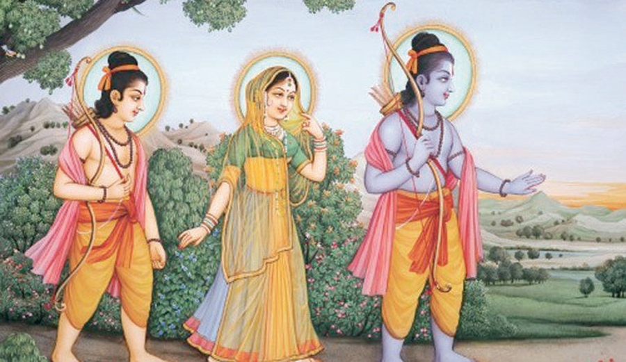 Lord Rama, Laxmana and Sita going into exile