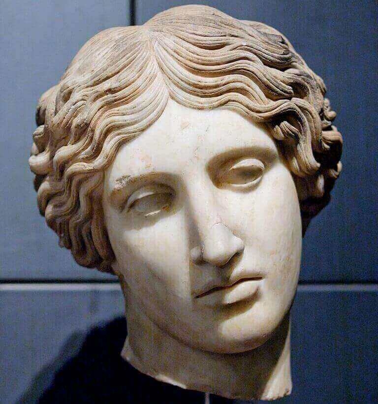 Head of a Wounded Amazon of the Capitol-Sosikles type. Greek marble, Roman copy after the bronze original created for the 440-430 BC artistic contest of Ephesus.