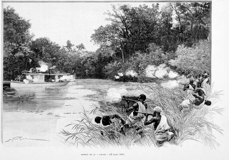 Dahomey warriors firing at the gunboat Topaze.