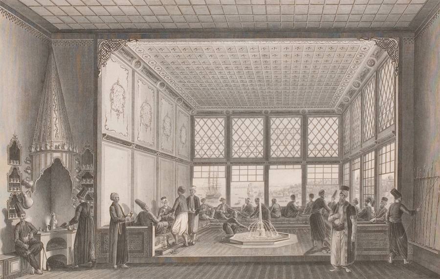 A depiction of a late eighteenth-century Ottoman coffeehouse in Istanbul