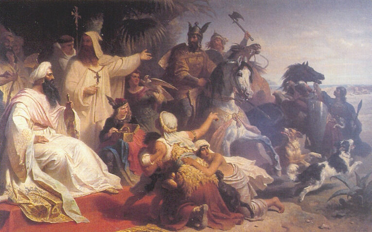 Harun al-Rashid receiving a delegation sent by Charlemagne at his court in Baghdad. 1864 painting by Julius Köckert.