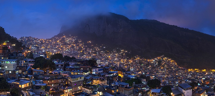 Night view of Rocinha, the largest favela in Brazil, located in the city of Rio de Janeiro.