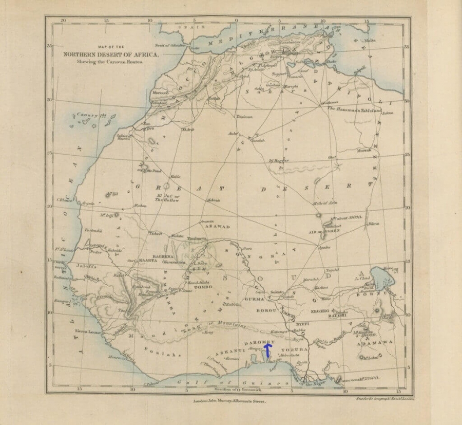 Map of Western Africa (1860) - Indigo arrow shows Kingdom of Dahomey.