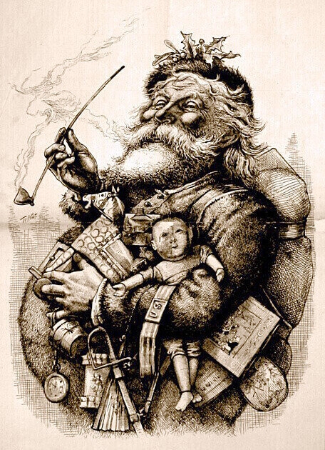 1881 illustration by Thomas Nast who along with Clement Clarke Moore's poem A Visit from St. Nicholas, helped to create the modern image of Santa Claus.
