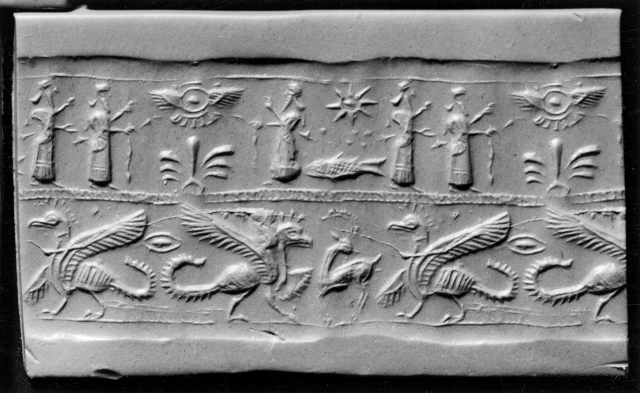 Mesopotamian Cylinder Seal with Griffins,Humans and  Winged Disks.