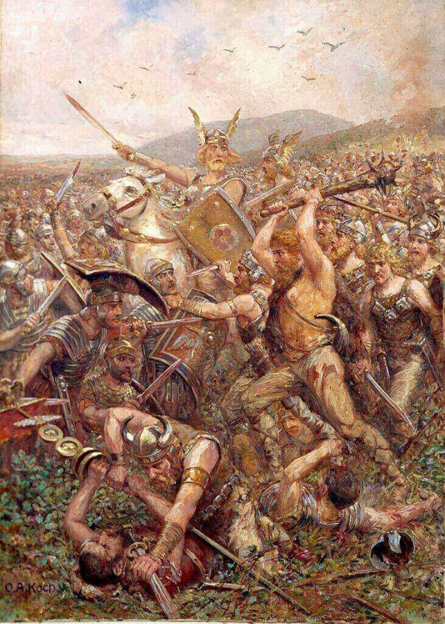 Germanic warriors storm the field, Varusschlacht, 1909.